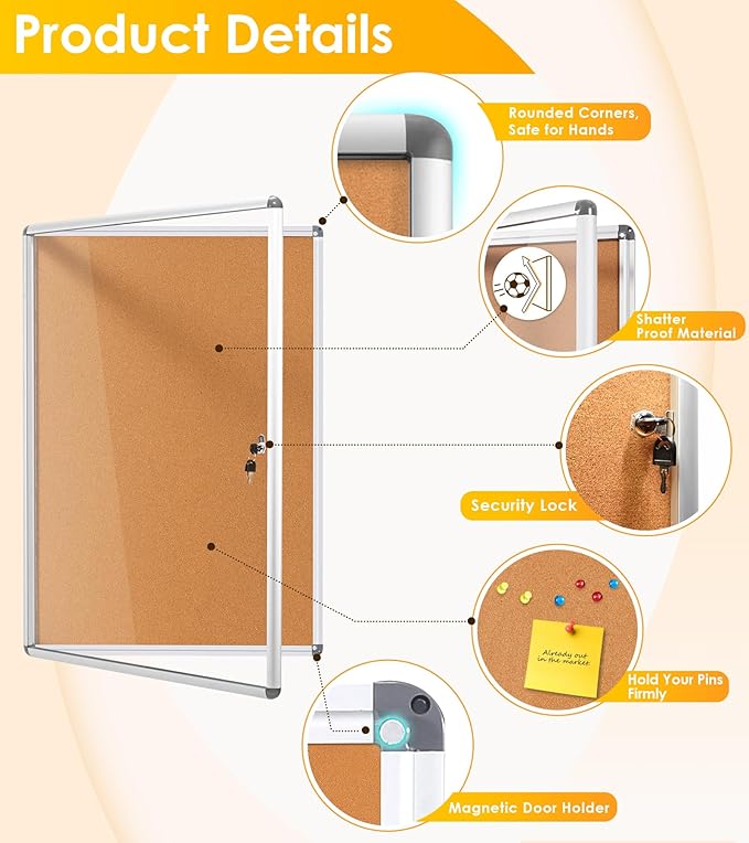 SWANCROWN Enclosed Bulletin Cork Board 36x24 in, Lockable Bulletin Board Tamperproof Wall Display Case for Office School Trade Community, Aluminum Frame