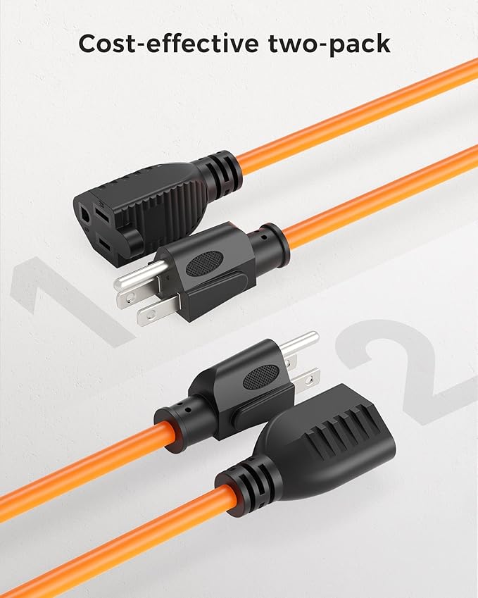 [UL Listed] Cable Matters 2-Pack 16 AWG Heavy Duty 13A Power Extension Cord - 10ft, 3 Prong Power Cord Extension, NEMA 5-15P to NEMA 5-15R, Orange