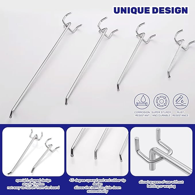 40Pcs 2" 4" 6" 8" Pegboard Display Hooks Assortment Set, Stainless Steel Garage Organization Peg Wall Hook Metal Slatwall Panel Hook Fit 1/8 and 1/4 Inch Pegboard for Retail Shop
