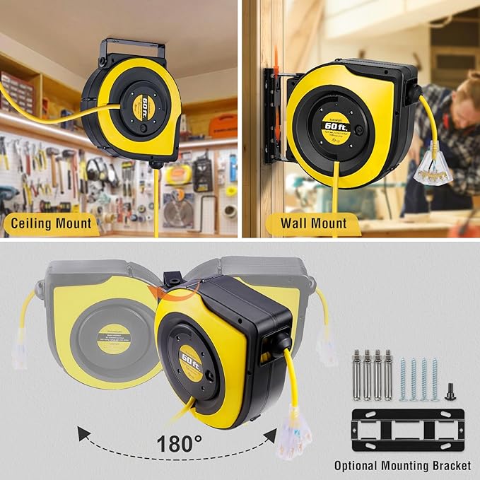 SURAIELEC 12 Gauge Extension Cord Reel, 60 FT Retractable Extension Cord, 12 AWG/3C SJTOW Heavy Duty Power Cord, 15 AMP Circuit Breaker, Lighted Triple Tap, Ceiling or Wall Mount, UL Listed