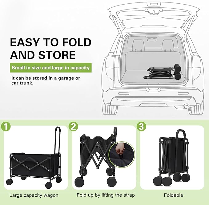 Collapsible Folding Shopping Cart, Portable Foldable Wagon with 220lbs Large Capacity, Collapsible Utility Wagon Cart for Shopping, Grocery, Camping, Gardening