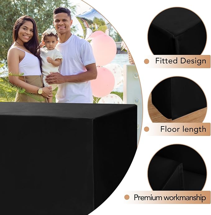 HolidayIdeas Fitted Table Covers for 6 Foot Tables - 72 x 30 Inch - 2 Pack Rectangle Table Clothes Versatile Fabric Table Cover for Folding Table, Parties, Holiday Dinner, Trade Show (Black)