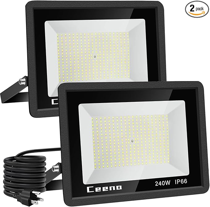 Ceena 2 Pack 240W Plug in LED Flood Light Outdoor, 24000lm Super Bright Floodlight with 5.9FT Wire, IP66 Waterproof 6000K LED Work Light for Basketball Court, Playground, Stadium