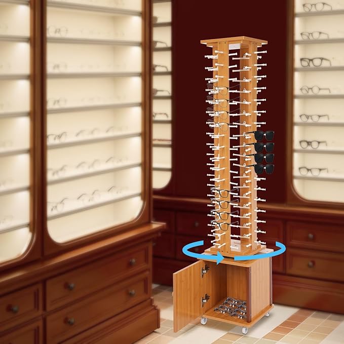 Sunglasses Display Stand, 72 Pairs Wooden 360° Rotating Sunglass Eyeglass Holder Organizer, Glasses Hanger Storage Rack for Retail Commercial Display, L14.2*H66.1in, Brown