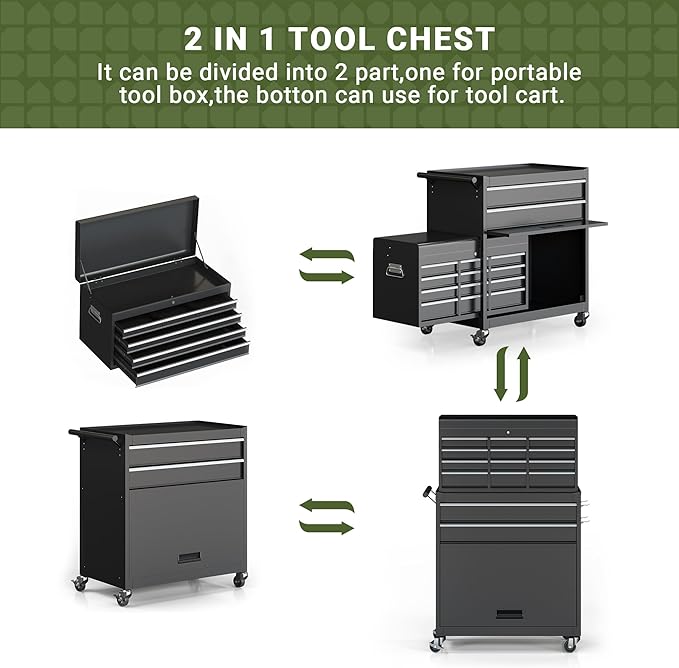 VIWAT Tool Chest, 8-Drawer Rolling Tool Storage Cabinet with Enhanced Packaging, Detachable Top Tool Box, Metal Tool Cart with Hooks and Liners, for Garage, Workshop, Black