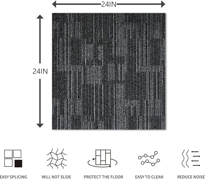 ALTRUISTIC Heavy Duty Commercial Carpet Tiles 24" x 24", 18 Pcs/72 sq ft (FlexLok tabs Included),Non-Slip Soft Square Carpet Floor Tile for Office Bedroom Living Room Kitchen Garage Gym (Grey)