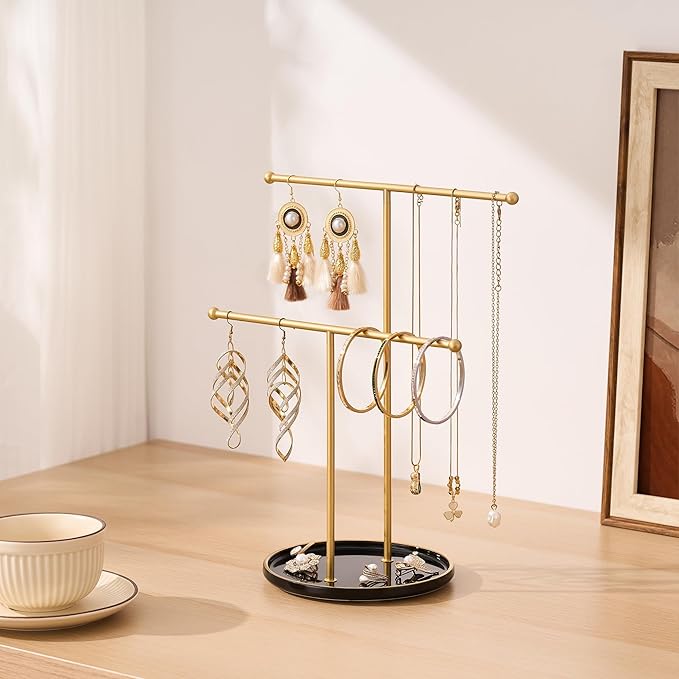 Gold Jewelry Holder Stand with Ceramic Tray: Small Hanging Necklace Organizer Tree for Earrings, Bracelets, Rings – Jewelry Display Hanger for Women & Girls, Black