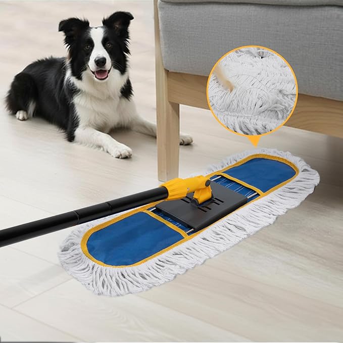 24" Dust for Floor Cleaning, Large Areas Floor Duster with 2 Cotton Reusable Pads, Wet Dry Mop for Hardwood Floors, Marble, Laminate, Tile, Concrete, Garage