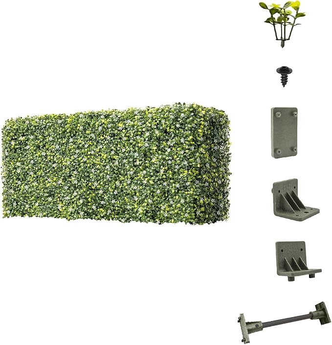 E&K 108" Wx72 Hx12 D Artificial Boxwood Hedge Wall with White Flowers, Artificial Outdoor Privacy Wall for Balcony Backyard Office, Indoor Divider Freestanding Greenery Backdrop