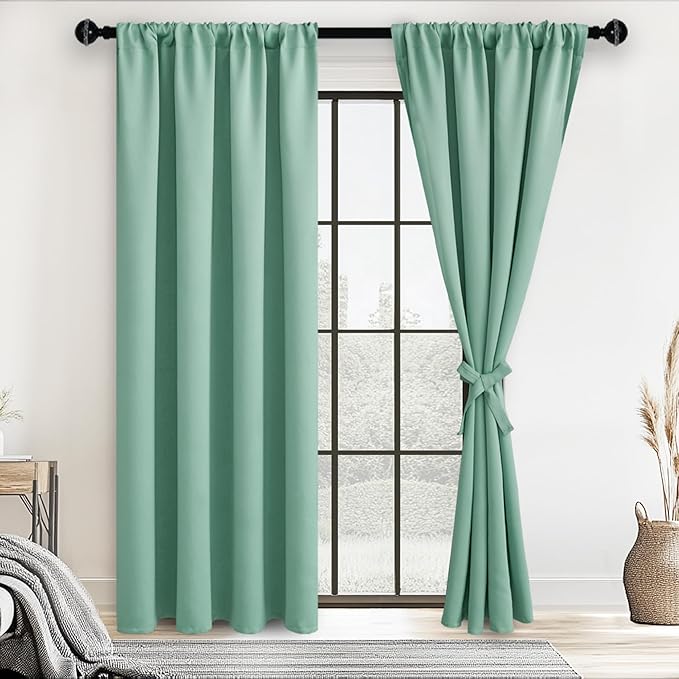 JIUZHEN Blackout Curtains for Bedroom– Thermal Insulated,Noise Reducing Room Darkening Privacy Drapes for Living Room, Set of 2 Panels with Tiebacks, 38 x 72 inch Long, Sage Green
