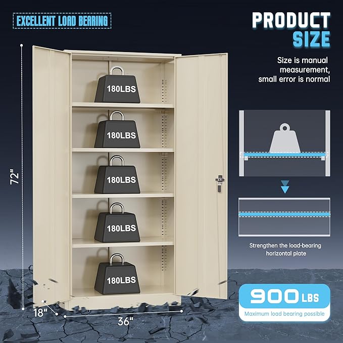 Superday Metal Storage Cabinet with Lock, 72" H Garage Storage Cabinet with Doors and 4 Adjustable Shelves,Putty Steel Locking Cabinets for Office, Home, Garage, Gym, School