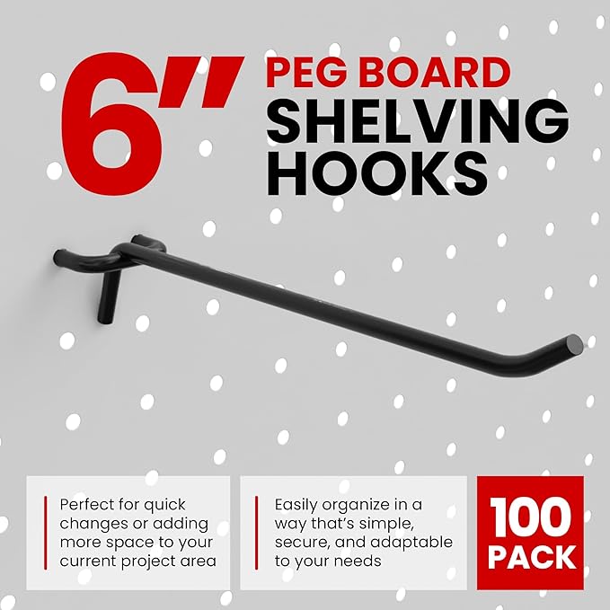 FactorDuty 6" Length Steel Black PEG Board Pegboard Shelving Hooks Wholesale Lot 20 lbs PEG Hooks Organizer Tools for Craft Storage, Garage, Kitchen, Tools and More