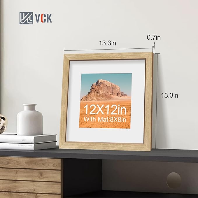 VCK 12x12 Picture Frame 2 Pack - Natural Oak, High-End Wood Poster Frames with Tempered Glass, Display 8x8 Photo with Mat or 12x12 without Mat, Art Gallery-Quality, Wall Hanging, Natural Oak