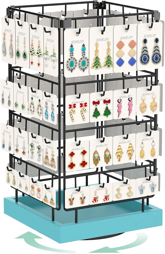 EsLuker.ly Rotating Earring Display Holder Stand for Vendors Events Selling, Large Capacity 64 Hooks Jewelry Rack with Wooden Base for Earring Card Sales, Enhances Retail Visibility (Blue)