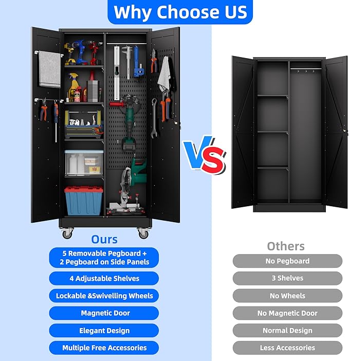 Aobabo Farmhouse Broom Closet Storage Cabinet,Lockable Garage Storage Cabinet with 4 Adjuatable Shelves,Required Assembly,Black,71.06''H*31.5''W*15.75''D