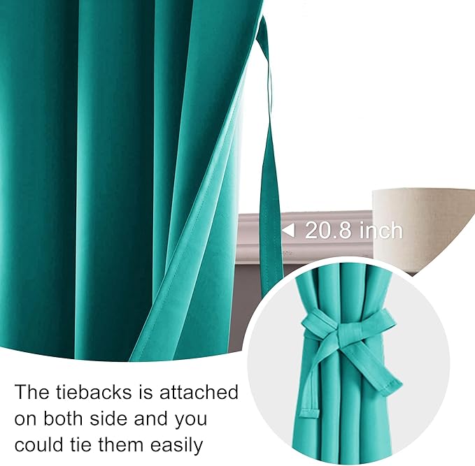 JIUZHEN Blackout Curtains for Bedroom– Thermal Insulated,Noise Reducing Room Darkening Privacy Drapes for Living Room, Set of 2 Panels with Tiebacks, 42 x 63 inch Long, Peacock Blue
