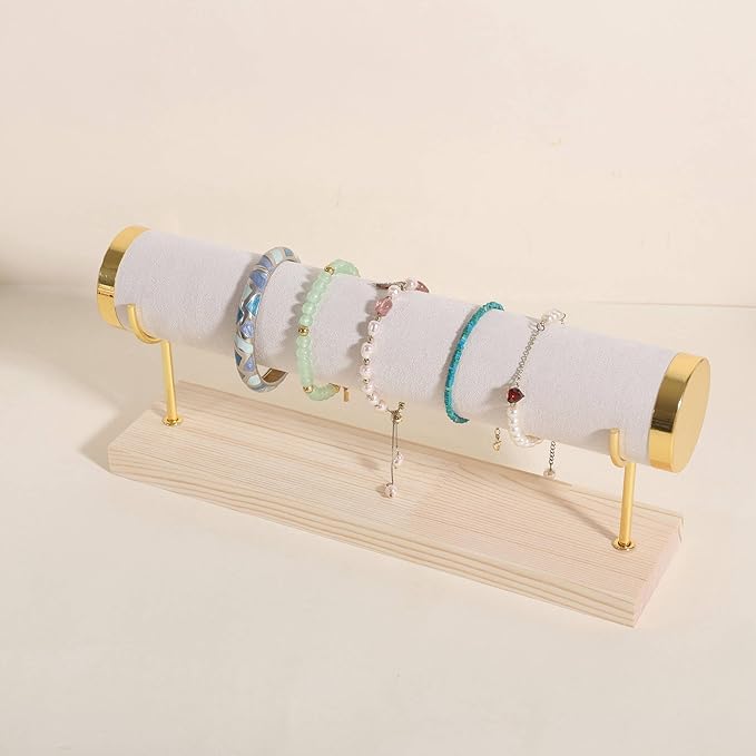 GemeShou Velvet Bangle storage oragenizer for selling,Beige bracelet storage rack for boutique store, Velvet wrap watch holder with wooden base for women girls【Bracelet holder-one tier】