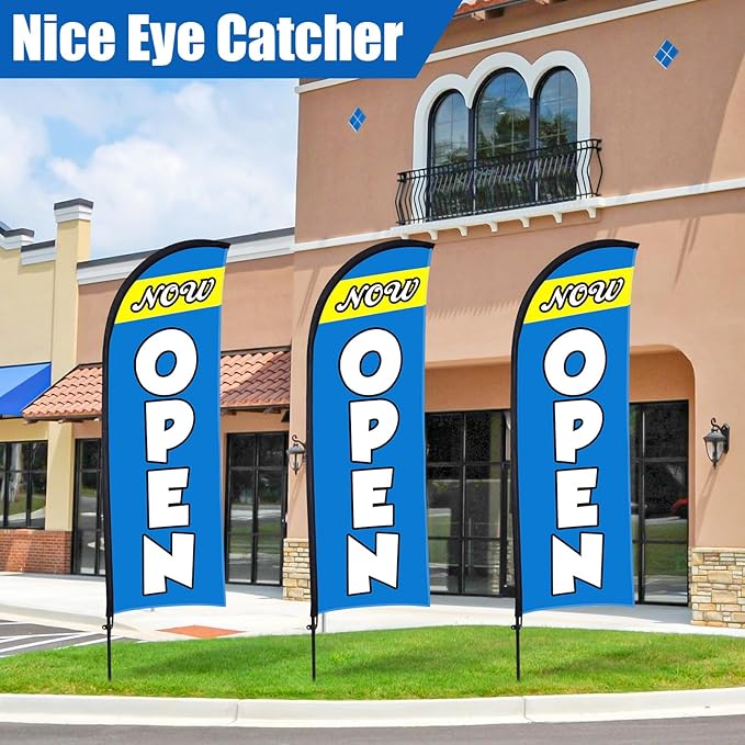 Buryeah 3 Sets Now Open Feather Flag Pole Kit for Business Advertising 7 ft Open Flag Banner Sign with Pole Kit Ground Stake and Portable Bag for Outside Ground (Blue)