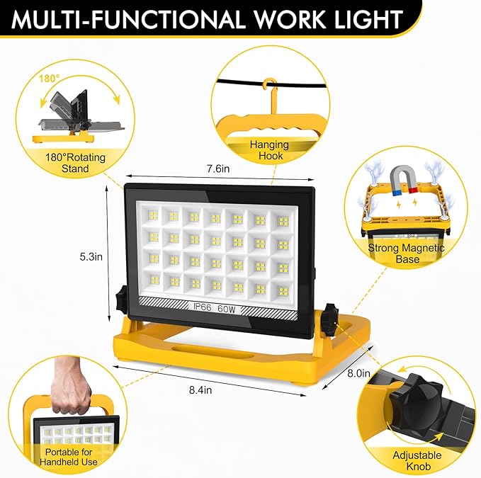 LED Work Light, 60W 6000LM Work Lights on Stand，LED Flood Light Outdoor 13ft Cord with Plug, 3 Modes, Magnetic Base, Hook Design Portable Work Light for Workshop, Garage, Construction Site