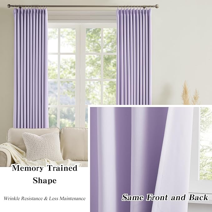 KEQIAOSUOCAI Pinch Pleated Curtains 108 Inches Long, Energy Saving Window Treatment Privacy Drapery for Living Room, Vertical Track System Elegant Hook Panels(Lavender, 2 Pieces, W40 x L108)