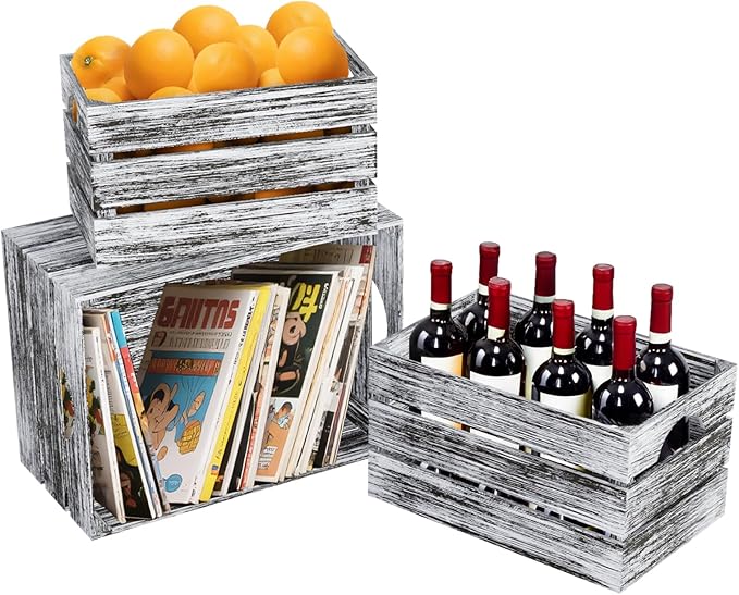 Set of 3 Wood Nesting Storage Crates with Handle(Large,Medium,Small), Farmhouse Decorative Wooden Crates for Display, Rustic Wood Baskets for Home Organization Decor (VintageBrown)