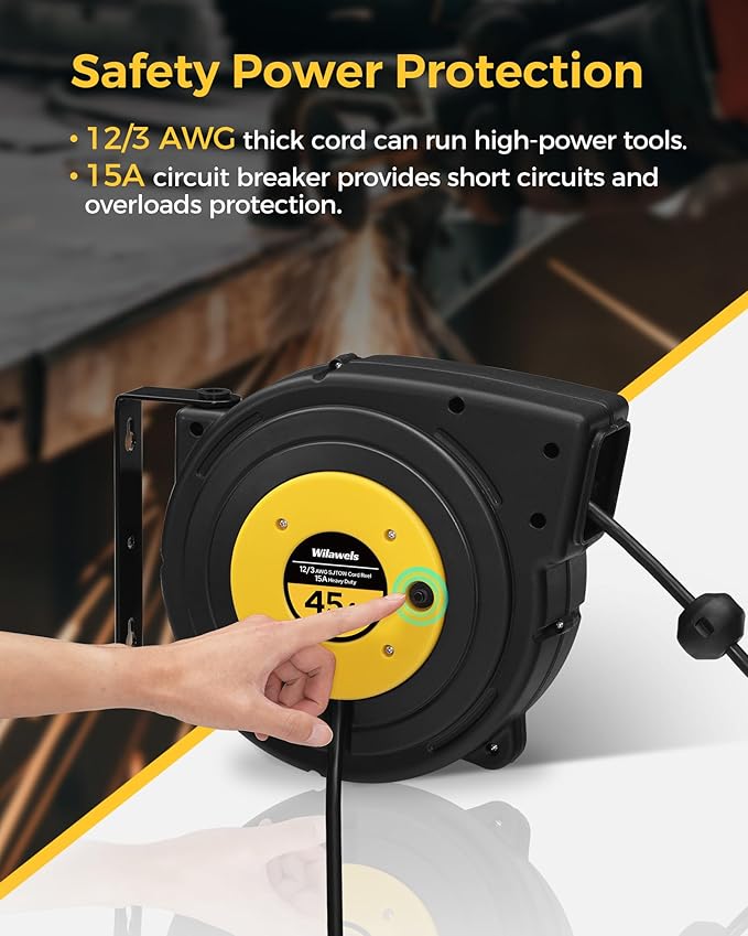 Retractable Extension Cord Reel, 45 FT Heavy Duty Power Cord, 12AWG/3C SJTOW, 3 Grounded Outlets Lighted Triple Tap for Ceiling/Wall Mount, 15 Amp Circuit Breaker, UL Listed, Yellow Y45CR06