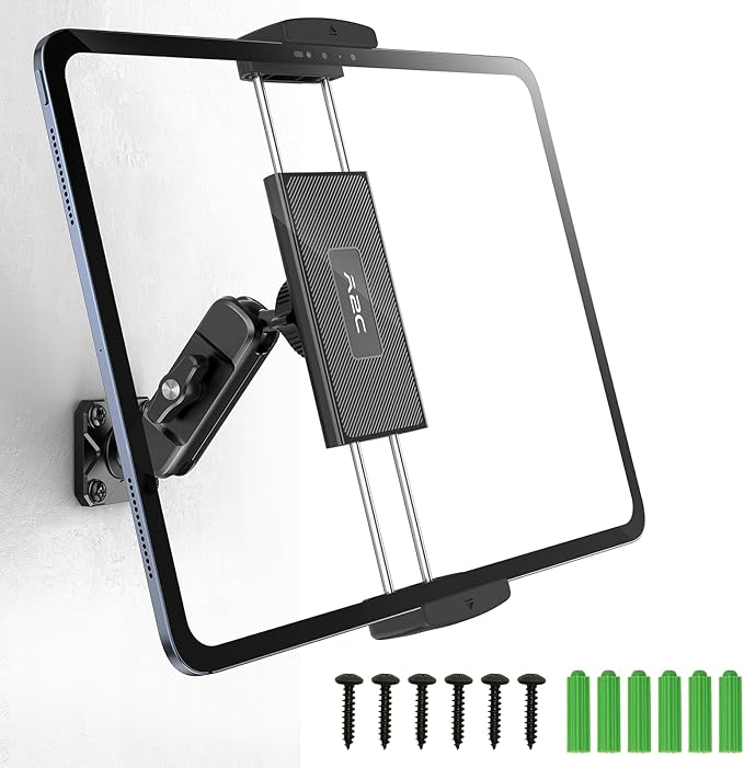 A2C for iPad Wall Mount, Heavy Duty Drill Mount Tablet Holder for Walls Kitchens, Metal Base & Arm 360° Adjustable Wall Mount for iPad Compatible with 4.7”-13” Devices