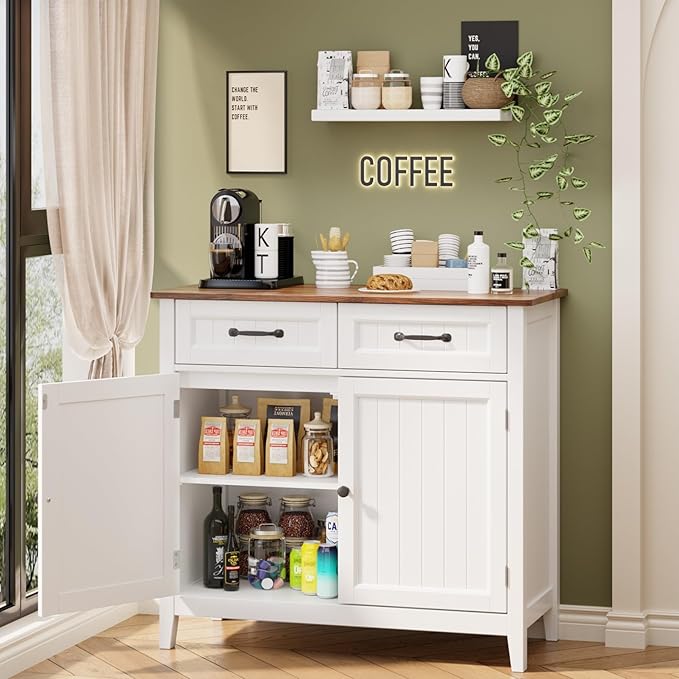Gizoon Kitchen Sideboard Buffet Cabinet, 32'' H Large Kitchen Storage Island and Adjustable Shelf, Modern Coffee Bar Console Cabinet for Dining Room, Bathroom, Entryway, Retro