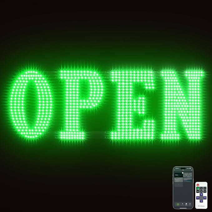 30"x10" Large LED Open Sign BT and Remote Control Open Signs Super Bright Dimmable Business Open Sign for Storefront Window Bar Salon Cafes Retail Shops Green