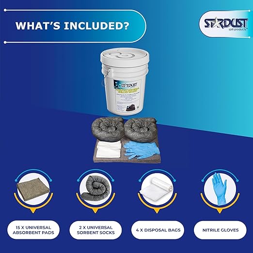 STARDUST Spill Products D905U Universal Spill Kit OSHA Approved - Portable Bucket (15) Universal Sorbent Pads, (2) 3"x4' Absorbent Socks, (4) Disposal Bags & Nitrile Gloves Spill Kit For Fast Response