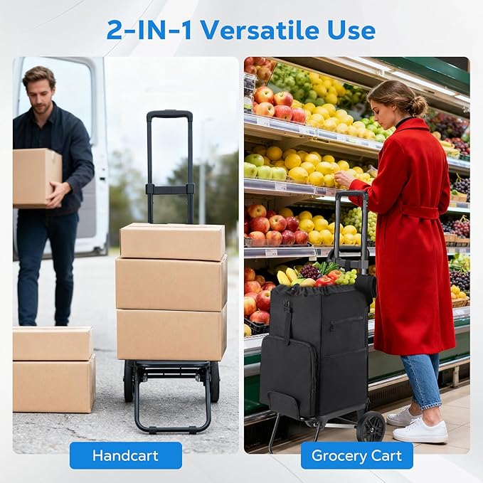 Housolution Foldable Shopping Cart for Groceries, 300LBS Collapsible Portable Grocery Carts on Wheels, 2 in 1 Rolling Hand Truck with Detachable Bag, Folding Utility Cart for Shopping and Travel