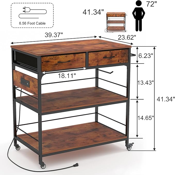 Kitchen Island with Storage,Rolling Kitchen Island Cart with Power Outlet,Industrial Kitchen Island on Wheels,Kitchen Cart for Home