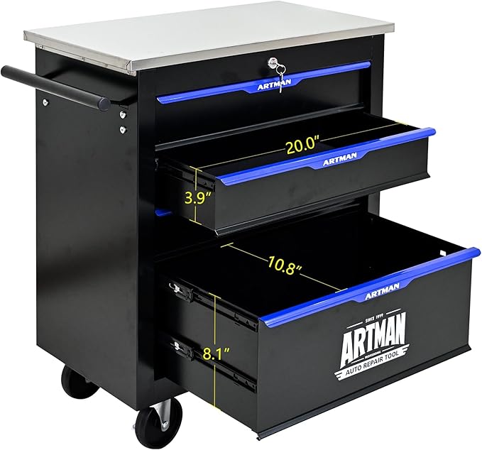 4-Drawer Heavy-Duty Rolling Steel Tool Cart with Handle&Wheels, Metal Storage Organizer Cabinet, Tool Chest for Efficient Tool Storage in Garage, Warehouse, Workshop, Repair Shop, Blue