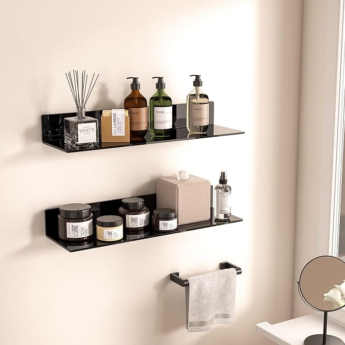 20 Inches Acrylic Wall Shelves 2 Pack, Floating Shelf for Wall Mounting, Acrylic Display Ledges for Funko Pop Figures, Home Décor, Living Room, Gaming Room, Plants(20 inch, Black)