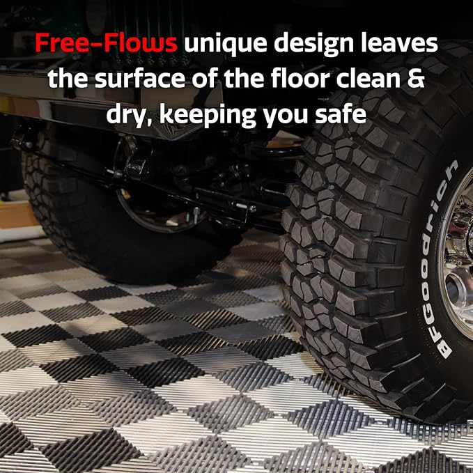 Big Floors RaceDeck Free-Flow Interlocking Garage Flooring Tiles, Non-Slip, Self-Draining, Heavy-Duty, High-Impact Copolymer, Easy Install (Black, 24 Pack of 12 x 12" Tiles)
