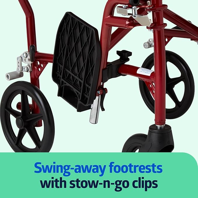 Medline Ultra Lightweight Transport Wheelchair for Adults, Foldable, 19-Inch Seat Width, Red Frame, Black Upholstery