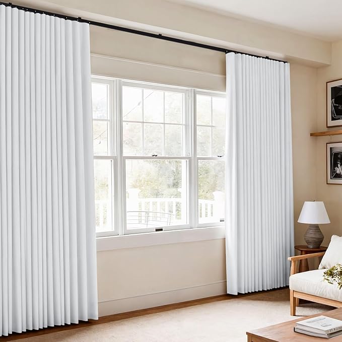 Room Divider Blackout Curtains Flexible Sliding Tracks Sets Ceiling Mounted Rod Window Curtain Privacy Separation for Bedroom Living Rooms,1 Panel Gray White Drape and Black Track Set-W216xH108 in