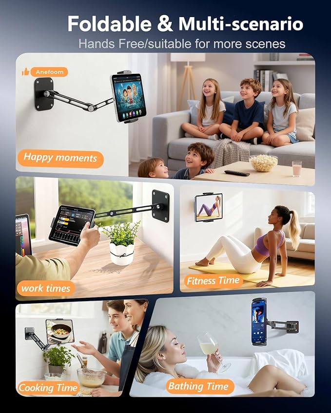 iPad Wall Mount, Aluminium Extendable Tablet Wall Mount Holder with 360° Adjustable Rotating Base Foldable for iPad Pro Air Mini, Galaxy Tab/Kindle, All 4.7-13" Phones & Tablets