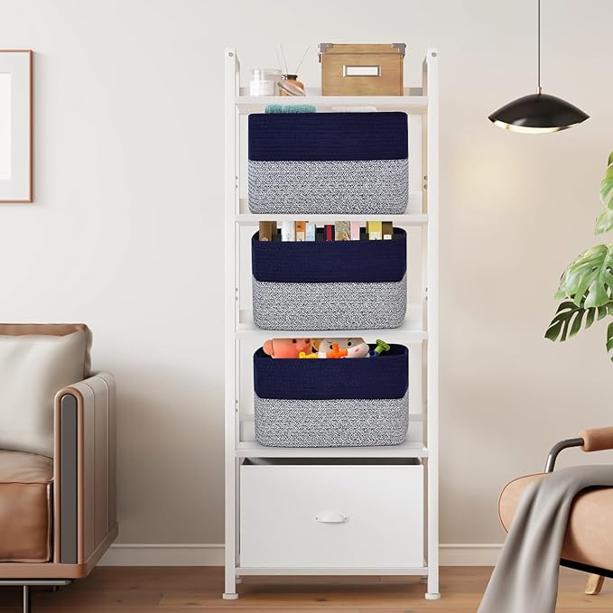 Shelf Woven Storage Basket, 15 x 10 x 9” Closet Rope Baskets For Organizing, Square Bins with Handles, Grey+Blue