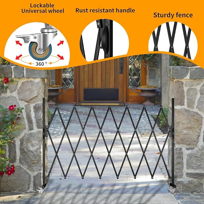 Expandable Barricade Gate,82" Metal Safety Barrier Gate with Casters,Accordion Garden Yard Outdoor Indoor Fence Folding Security Dog Gates Wall Mount,Black