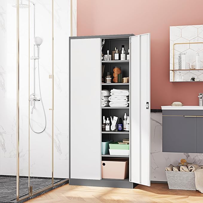 Metal Storage Cabinet-71” Tall Steel File Cabinets with Lockable Doors and Adjustable Shelves-Gray&White Steel Storage Cabinet for Home,Kitchen, School, Office, Garage