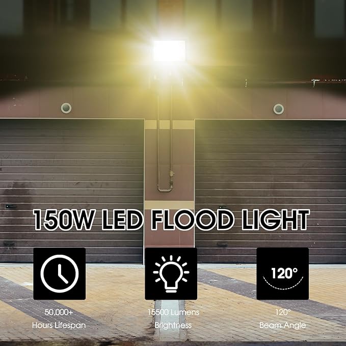 2 Pack 150W 3000K Led Flood Lights Outdoor,Warm White Super Bright 15500LM Security Lights with Plug,Exterior IP66 Waterproof FloodLight for Basketball Court, Yard, Garden, Playground