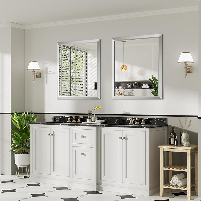 36x32 Inch Brushed Nickel Bathroom Mirror for Wall, Thick Metal Framed Rectangle Mirrors for Over Sink, Bedroom, Living Room, Entryway, Anti-Rust, HD Tempered Glass