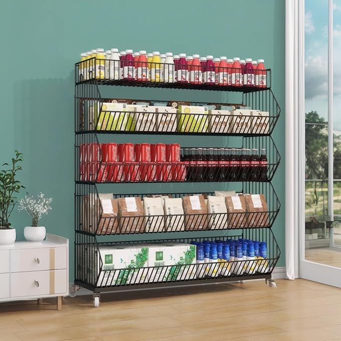 5-Tier Slanted Rolling Retail Display Rack with Locking Wheels | Heavy-Duty Metal Snack & Chip Display Stand for Grocery Stores, Supermarkets, Bakery | Space-Saving Store Organization Shelf