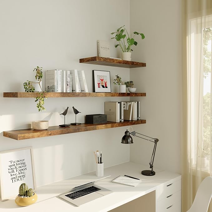 12 Inch Deep Floating Shelves for Wall 2 Pack Floating Shelfs Large Storage Space Wall Decor Display Shelf for Bathroom Living Room Bedroom Kitchen 48" W x 12" D x 1.2" H Rustic Brown