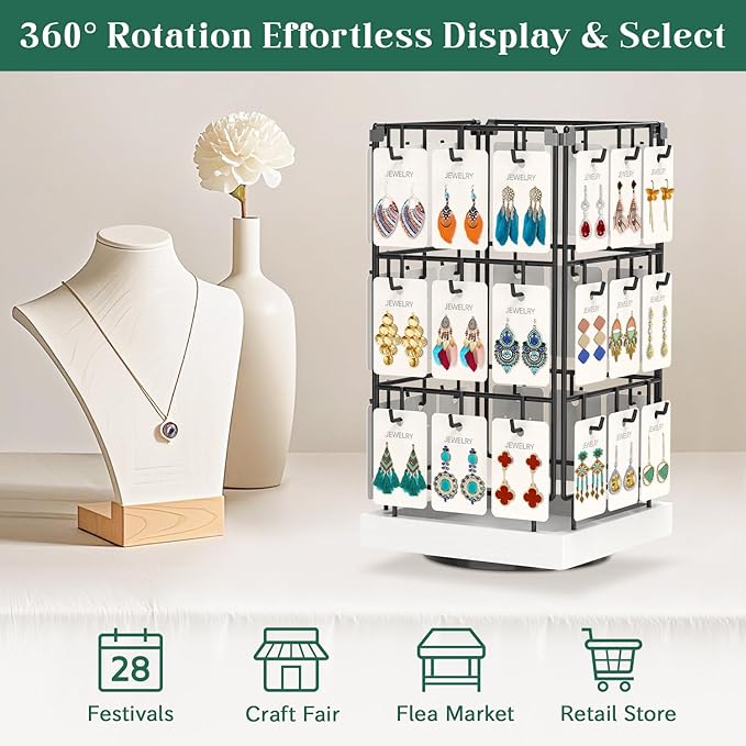 EsLuker.ly Rotating Earring Display Holder Stand for Vendors Events Selling, Large Capacity 36 Hooks Jewelry Rack with Wooden Base for Earring Card Sales, Enhances Retail Visibility