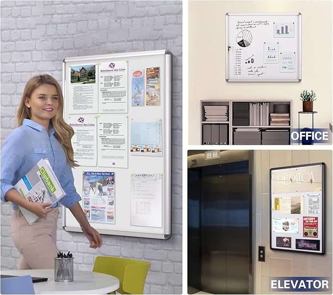 SWANCROWN Enclosed Bulletin Boards Magnetic Glass Covered Notice Information Cabinet with Aluminum Frame 38x28inch (9xA4)
