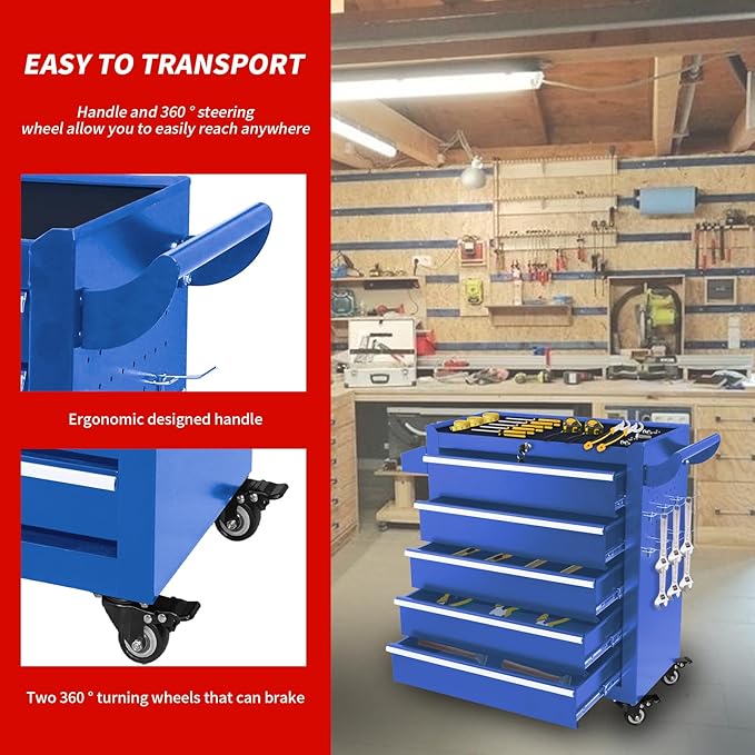 5-Drawer Tool Chest with Wheels & Drawers, Toolbox Organizer Storage for Garage, Suitable for Moving/Gift/Daily Use(Blue)