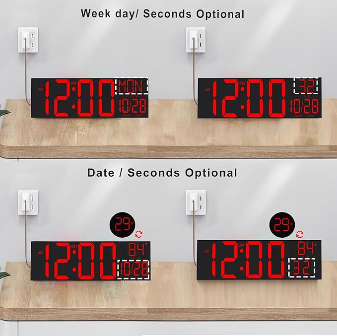 JALL 29.8" Large Digital Wall Mount Clock with Remote Control, Alarm, Big LED, Countdown, Auto DST, Temperature for Living Room Classroom Desk, Red Font