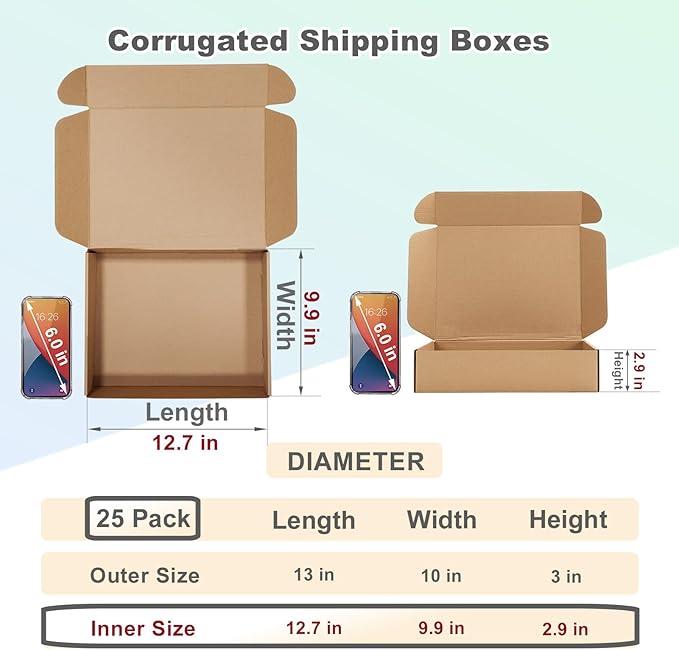 MEBRUDY 13x10x3 Inches Shipping Boxes Pack of 25, Small Corrugated Cardboard Box for Mailing Mailer Packing, Brown